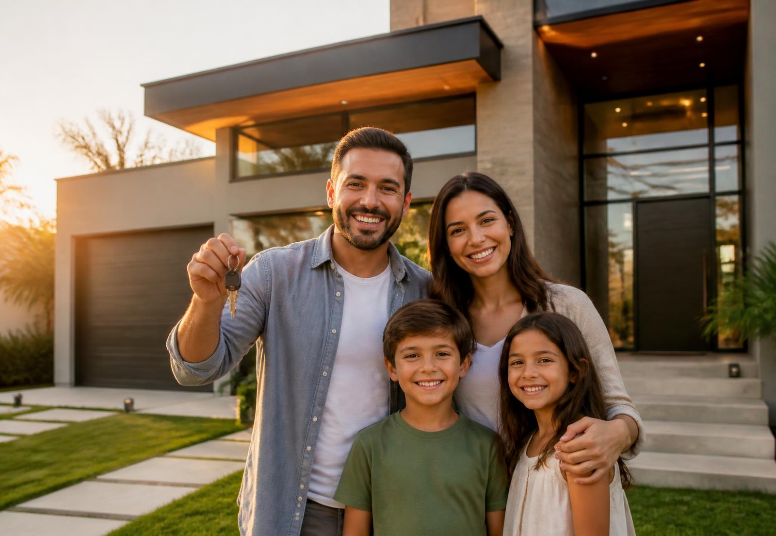 Família realizando o sonho da casa própria em frente ao novo imóvel